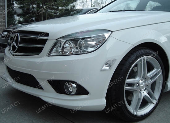 JDM Xenon White or Ultra Blue Error Free T10 LED Bulbs with Mercedes W204 C Class clear side markers for 2008 and up C300, C350, C63, C Class