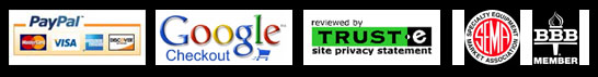 Paypal, Google Checkout, Visa, Master Card, American Express, Discovery, SEMA, BBB Member