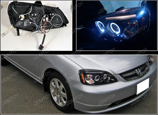 2001-2003 Honda CIVIC Black Housing Dual Halo Angel Eyes Projector LED Headlights