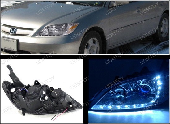 04 05 Honda Civic 2 4dr Chrome R8 Style Projector Led Headlights 2004 2005 Honda Civic 2 4dr Chrome Housing R8 Style Projector Headlights