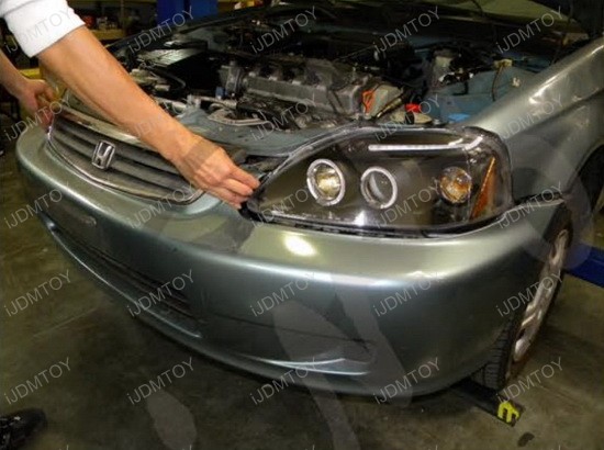 99-00 Honda CIVIC Black Housing Dual Halo Angel Eyes Projector LED Headlights