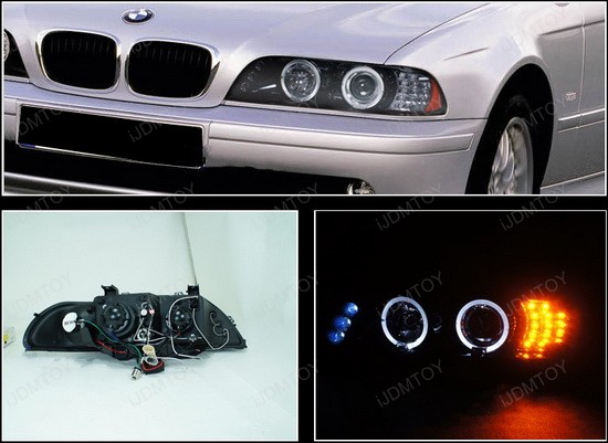 1997-2003 BMW E39 5-SERIES Black Housing Smoke Lens With Dual Halo Angel Eyes Projector LED Headlights