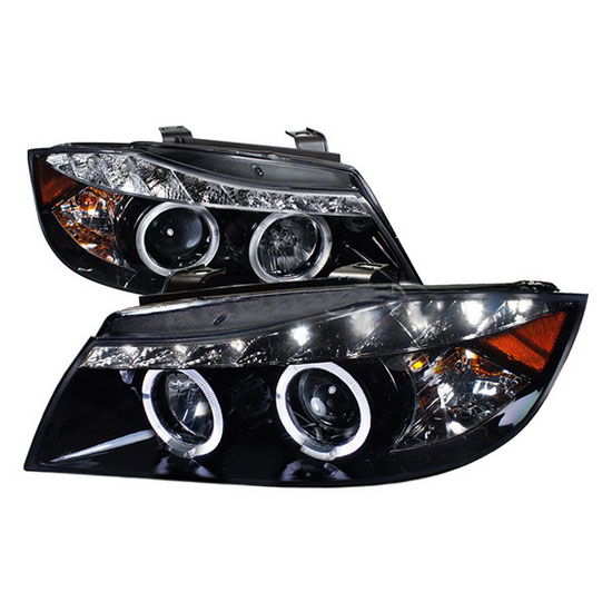 0608 BMW E90 Black R8 Halo Angel Eyes Projector LED Headlights