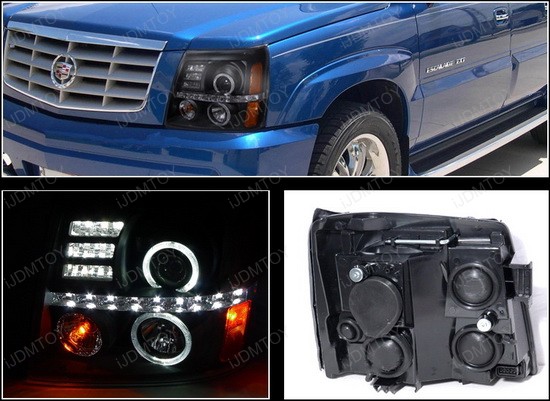 02 06 Cadillac Escalade Black Dual Halo Projector Led Headlights