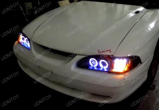 94-98 Ford MUSTANG Black Housing Smoke Lens Dual Halo Angel Eyes Projector LED Headlights