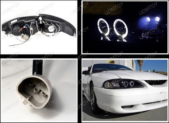 94-98 Ford MUSTANG Black Housing Smoke Lens Dual Halo Angel Eyes Projector LED Headlights