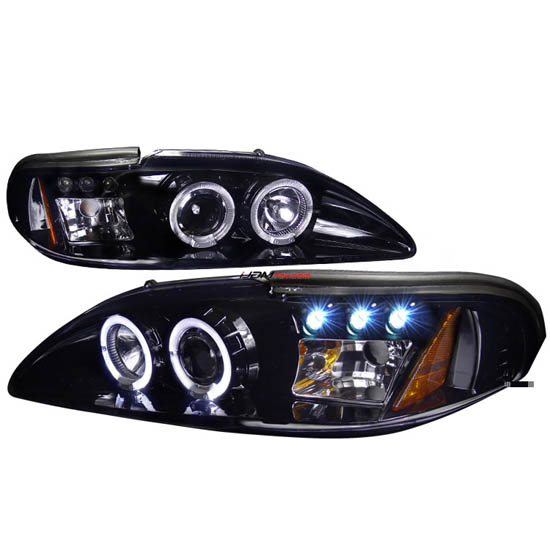 94-98 Ford MUSTANG Black Housing Smoke Lens Dual Halo Angel Eyes Projector LED Headlights