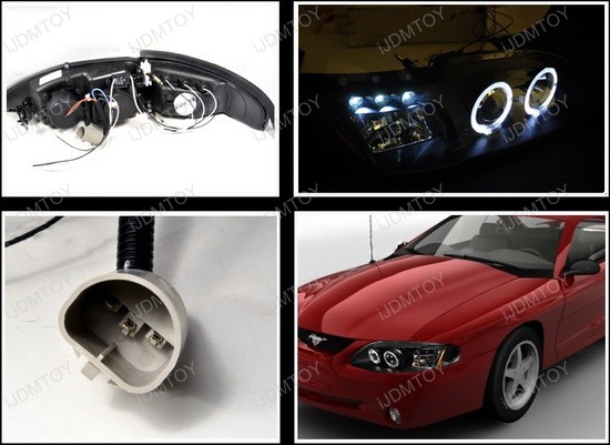 1994-1998 Ford MUSTANG Black Housing Dual Halo Angel Eyes Projector LED Headlights