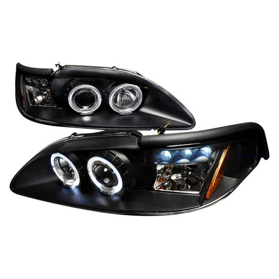 1994-1998 Ford MUSTANG Black Housing Dual Halo Angel Eyes Projector LED Headlights