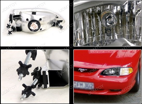 94 98 Ford Mustang Black Housing Euro Style Reflector Headlights 1994 1998 Ford Mustang Black Housing Clear Lens Euro Style Reflector Headlights