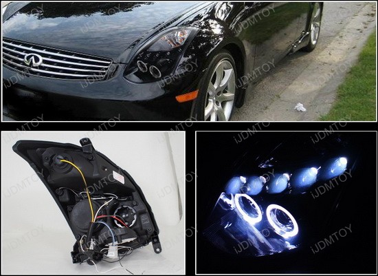 2003 2005 Infiniti G35 Coupe Smoked Halo Projector Led Headlights 03 05 Infiniti G35 2dr Coupe Smoked Lens Dual Halo Angel Eyes Projector Led Headlights